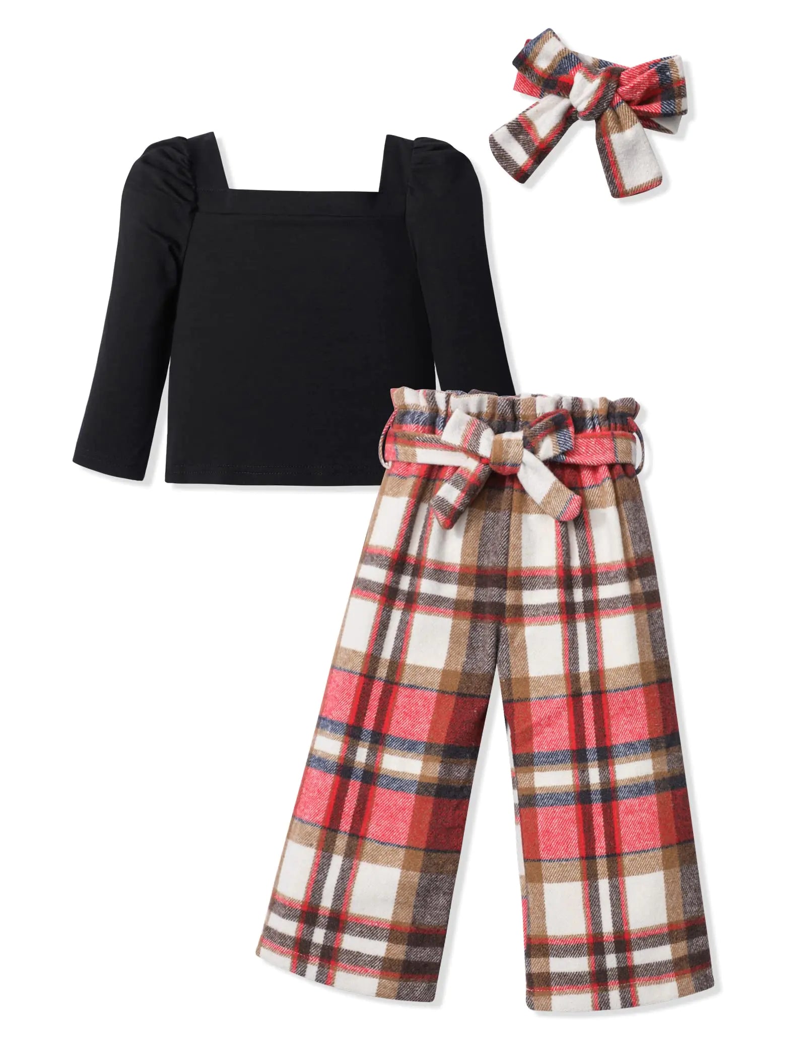 Ribabz Toddler Girl Clothes 4t Girl Clothes 5t Girls Clothes Square Neck Puff Long Sleeve Top + Plaid Pants + Headband 3Pcs Fall Winter Toddler Outfits for Girls Set