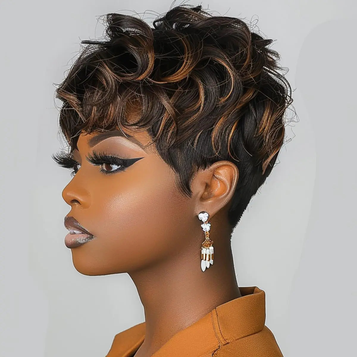 Short Pixie Cut Wigs for Black Women Short Curly Hair Layered Wavy Pixie Cut Wigs With Bangs Short Wigs for Black Women Black Mixed Brown Pixie Wigs for Women Short Brown Wig (Black Mixed Brown)