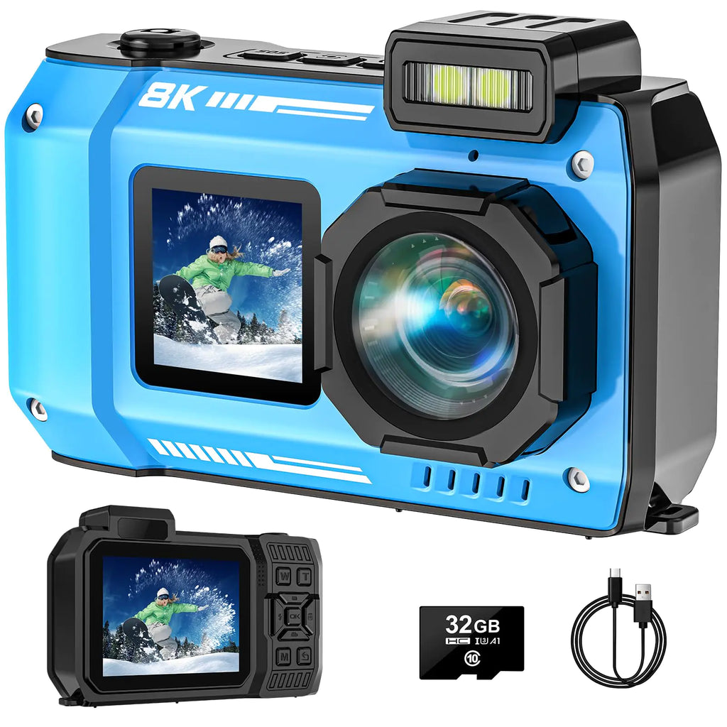 8K UHD Underwater Digital Camera 33FT Autofocus 70MP Rugged Dustproof Shockproof Waterproof Dual-Screen Selfie  Photograph with 32GB Card Blue