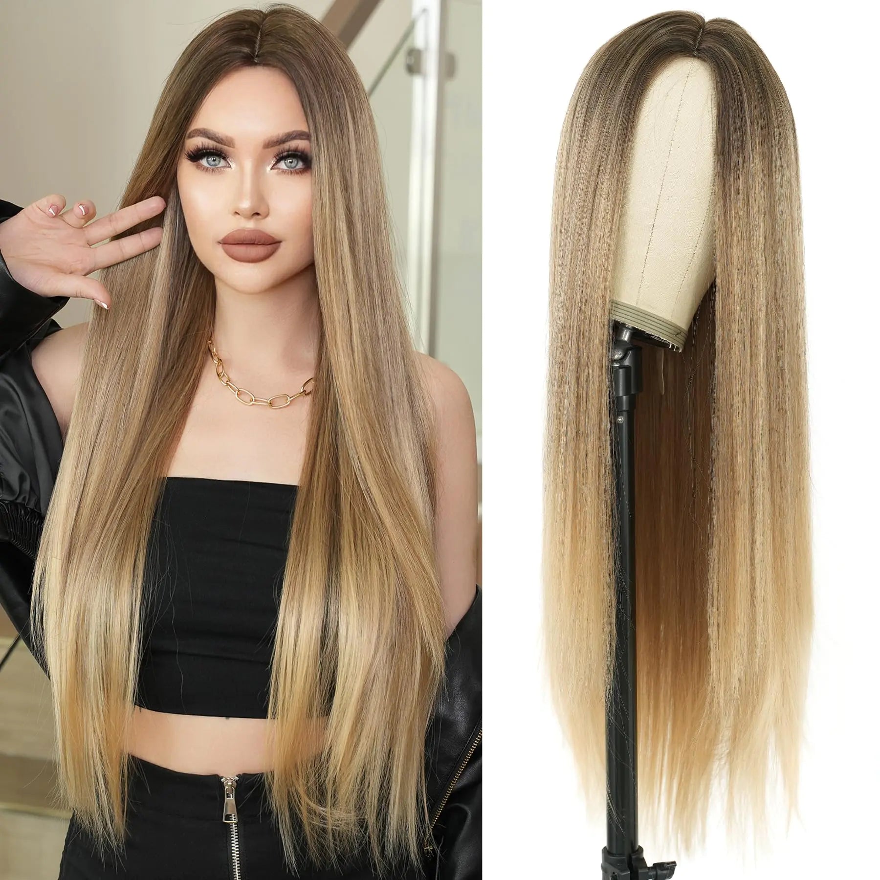7JHH WIGS Long Blonde Ombre Wigs Natural Heat Resistant Fiber Synthetic Layered Straight Mixed Blonde Wigs with Dark Roots Festival  Daily Used