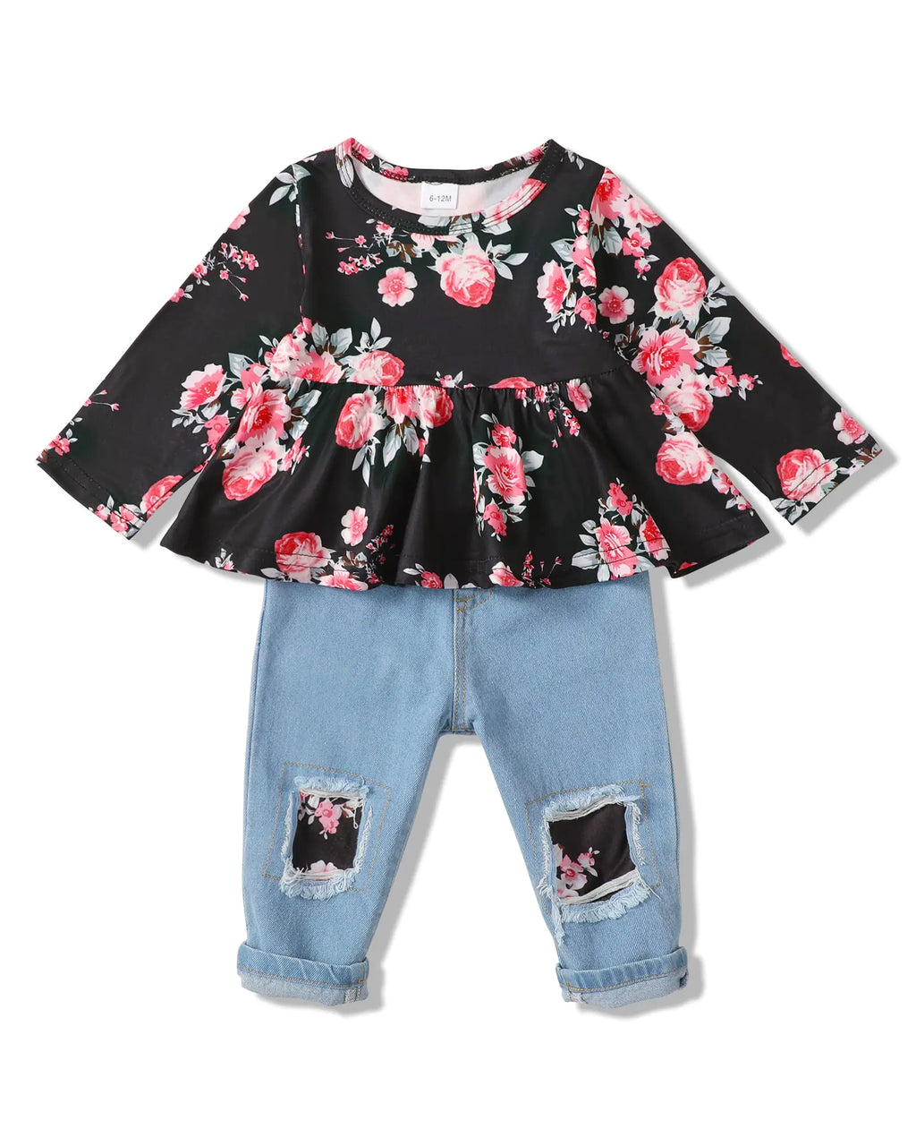 SANMIO Toddler Girl Clothes Baby Girl Outfits Cute Floral Long Sleeve Ruffle Shirt and Jeans Pants Fall Winter Clothing Set