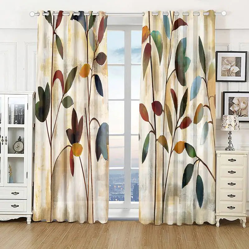 Watercolor Plant Leaves Grommet Curtains (2 Panels)