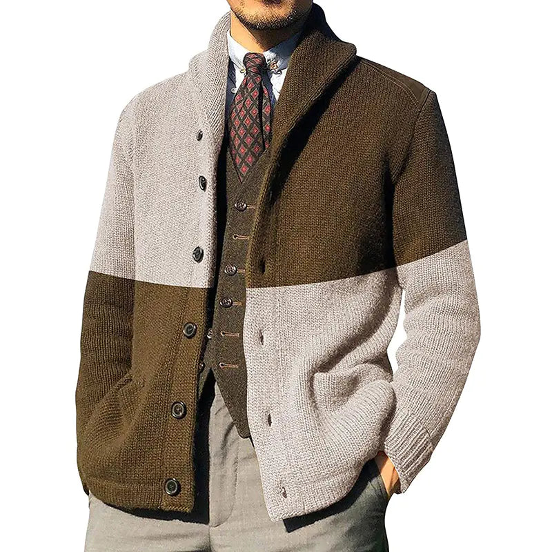 Men's Color-blocking Button Long-sleeve Knitted Jacket