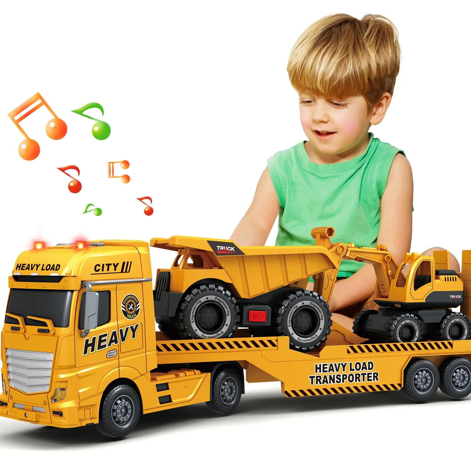 Toddler Boy Toys for 3 4 5 6 7 Years Kids 25" Semi Construction Carrier Truck Toy with Excavator and Dump Truck Friction Powered Toys with Lights and Sounds Birthday for Boy Girls
