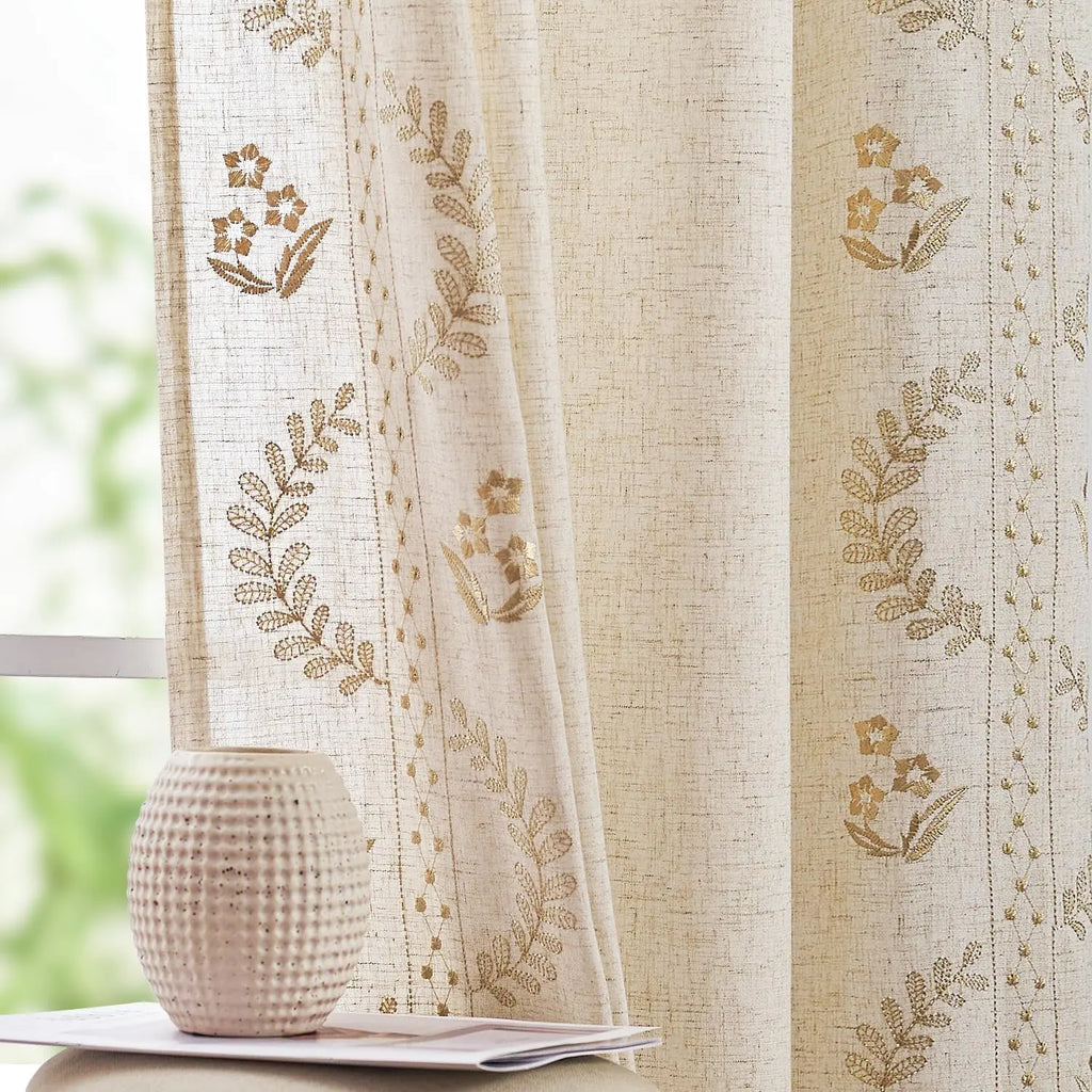 jinchan Linen Curtains Floral Curtains for Living Room Boho Curtains 96 Inch Length Linen Blend Beige Embroidered Curtains Farmhouse Flower Patterned Drapes Bedroom Window Curtain Set 2 Panels