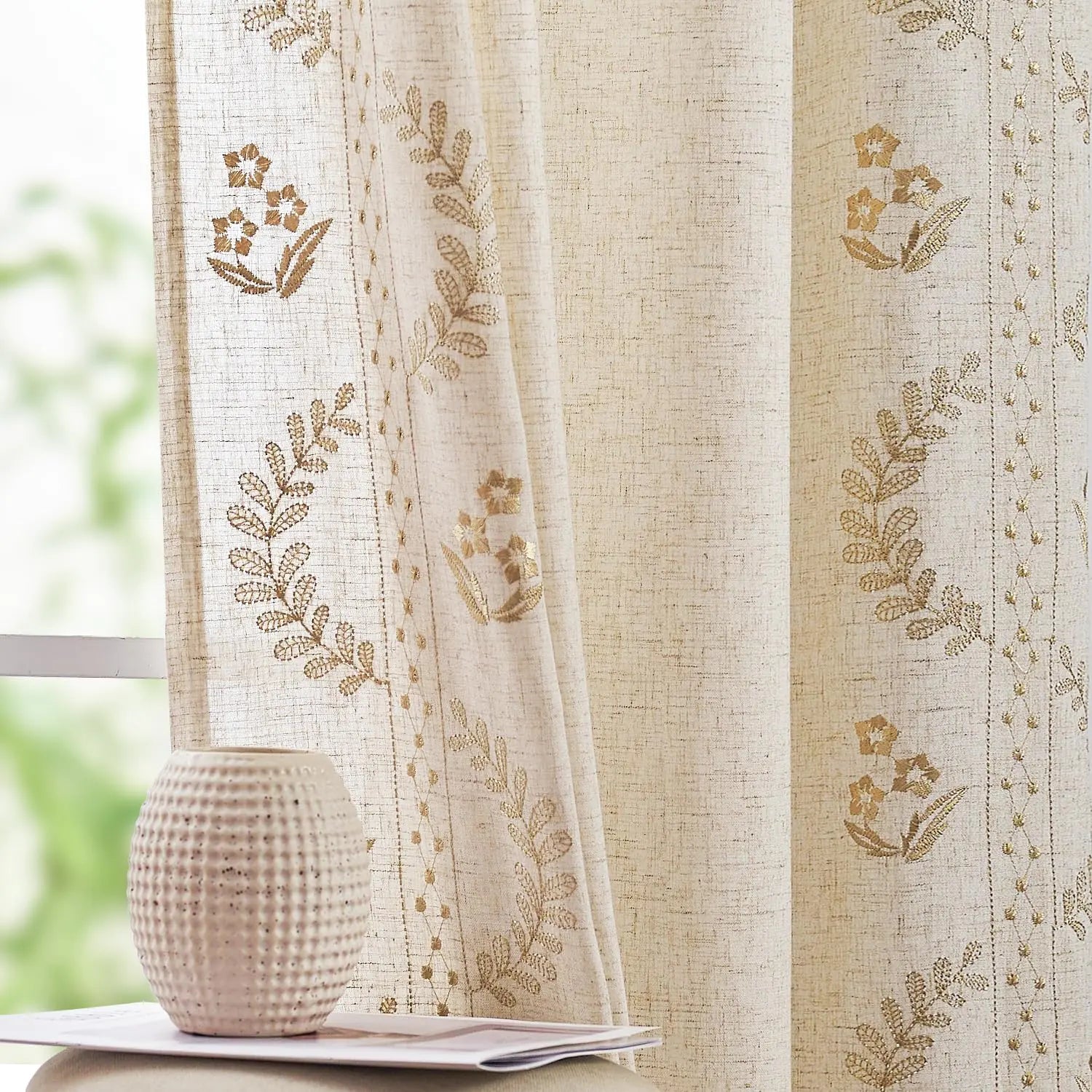 jinchan Linen Curtains Floral Curtains for Living Room Boho Curtains 96 Inch Length Linen Blend Beige Embroidered Curtains Farmhouse Flower Patterned Drapes Bedroom Window Curtain Set 2 Panels