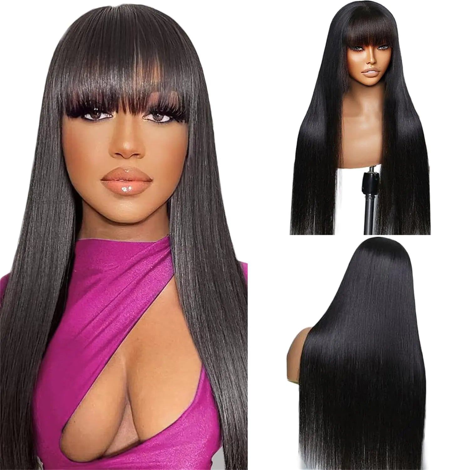 Cecycocy Brazilian Virgin Straight Human Hair Wigs with Bangs 180% Density None Lace Front Glueless Machine Madefor Black Women Natural Color(24inch)