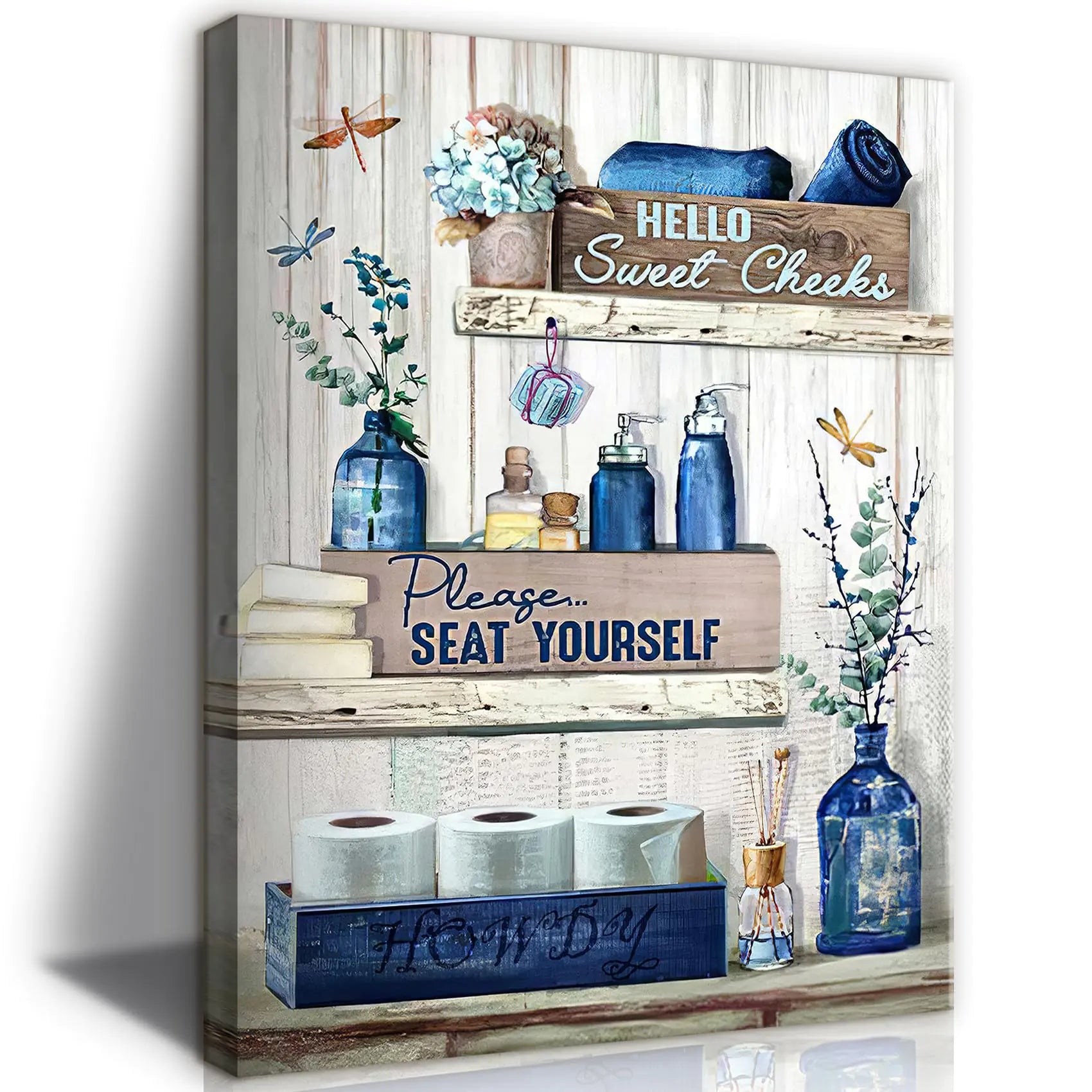 BJVJKSU Navy Blue Bathroom Decor Wall Art Rustic Blue Canvas Wall Please Seat Yourself Sign Print Painting Vintage Aesthetic Picture Artwork (16x24in)