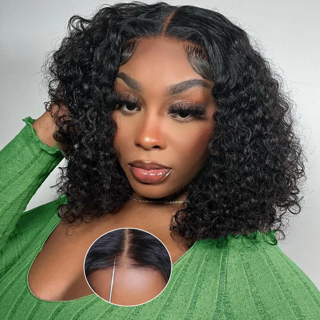 Curly Bob Wigs Human Hair 5x5 HD Lace Closure  Glueless  Human Hair Pre Plucked Pre Cut with Baby Hair 180% Density Glueless Wigs for Black 12 Inch