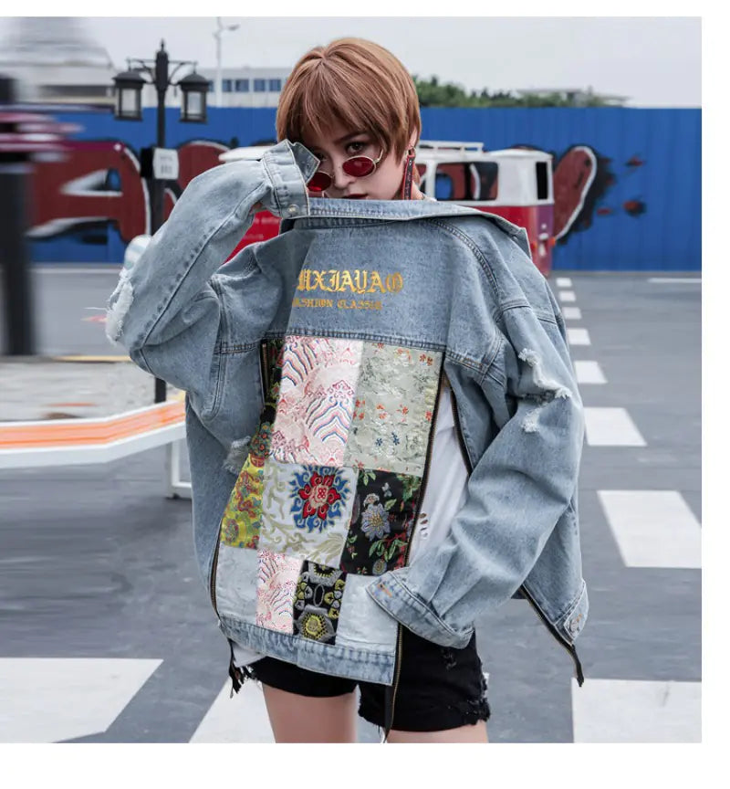 Vintage Floral Embroidery Ripped Denim Jacket for Women