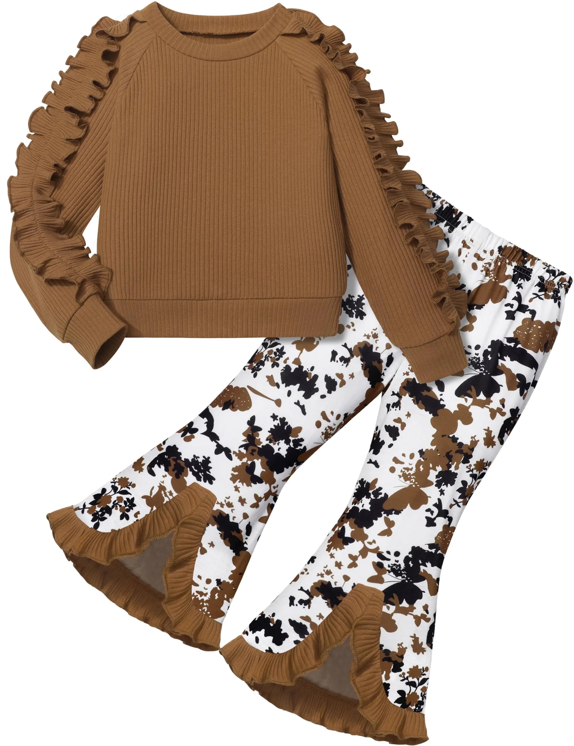 Doumlop Little Girl Clothes 4t Toddler  Ruffle Long Sleeve Tops + Floral Bell Bottom Flared Pants 2 Piece Girls Clothes Size 5 Fall Winter Dark Brown