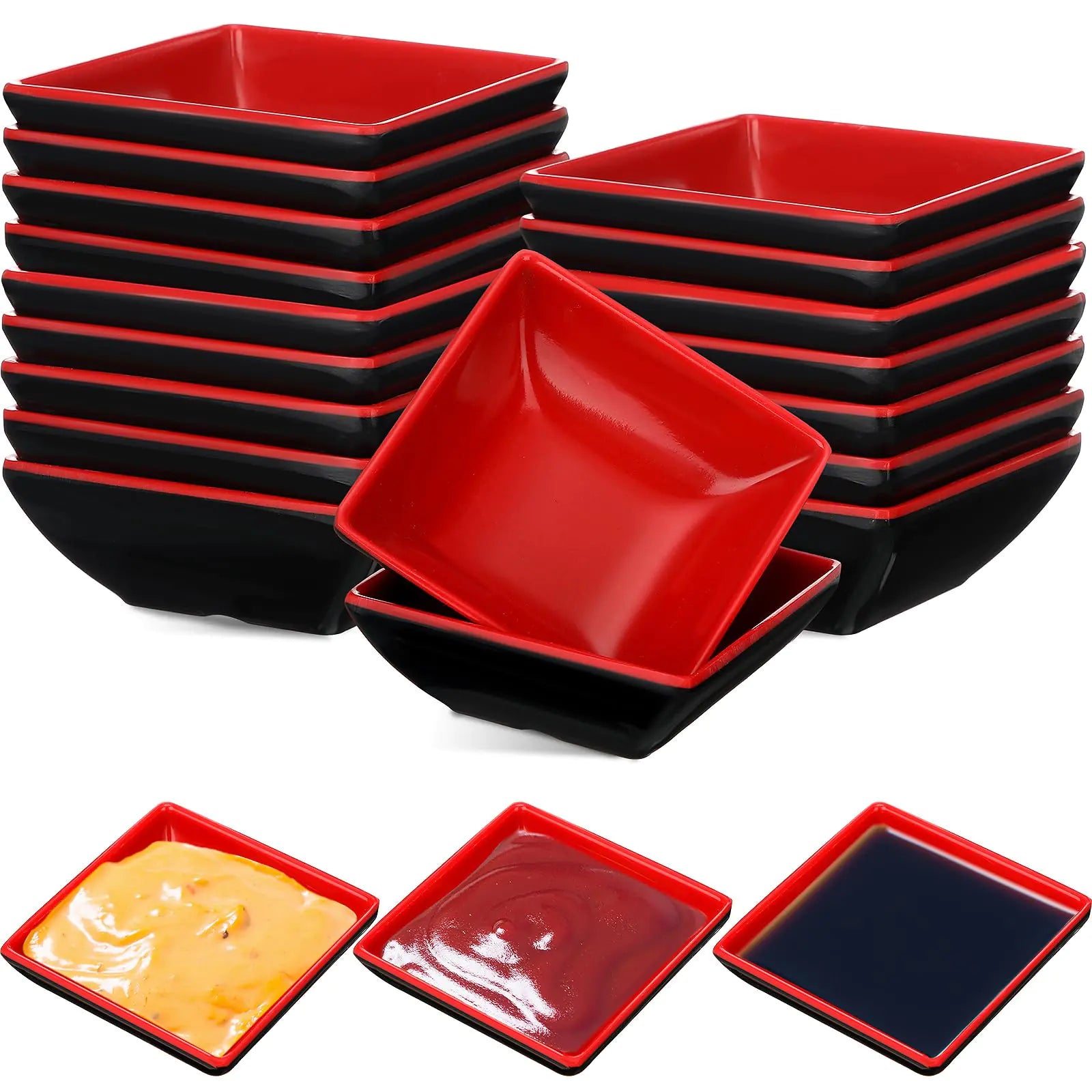 Hushee 25 Pcs Dipping Bowls Soy Sauce Dishes Dipping Sauce Bowls Dip Serving Bowls Set Black Red Side Small Dish Bowls Sauce Cups Pinch Bowls for Condiment Sauce Soy BBQ Desserts(Square)