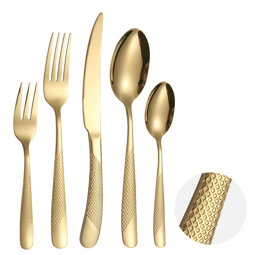 A · HOUSEWARE Hammered Silverware Set Gold Modern Stainless Steel Flatware for 4 Forks Knives and Spoons Party Dinning Utensils Festival Parties