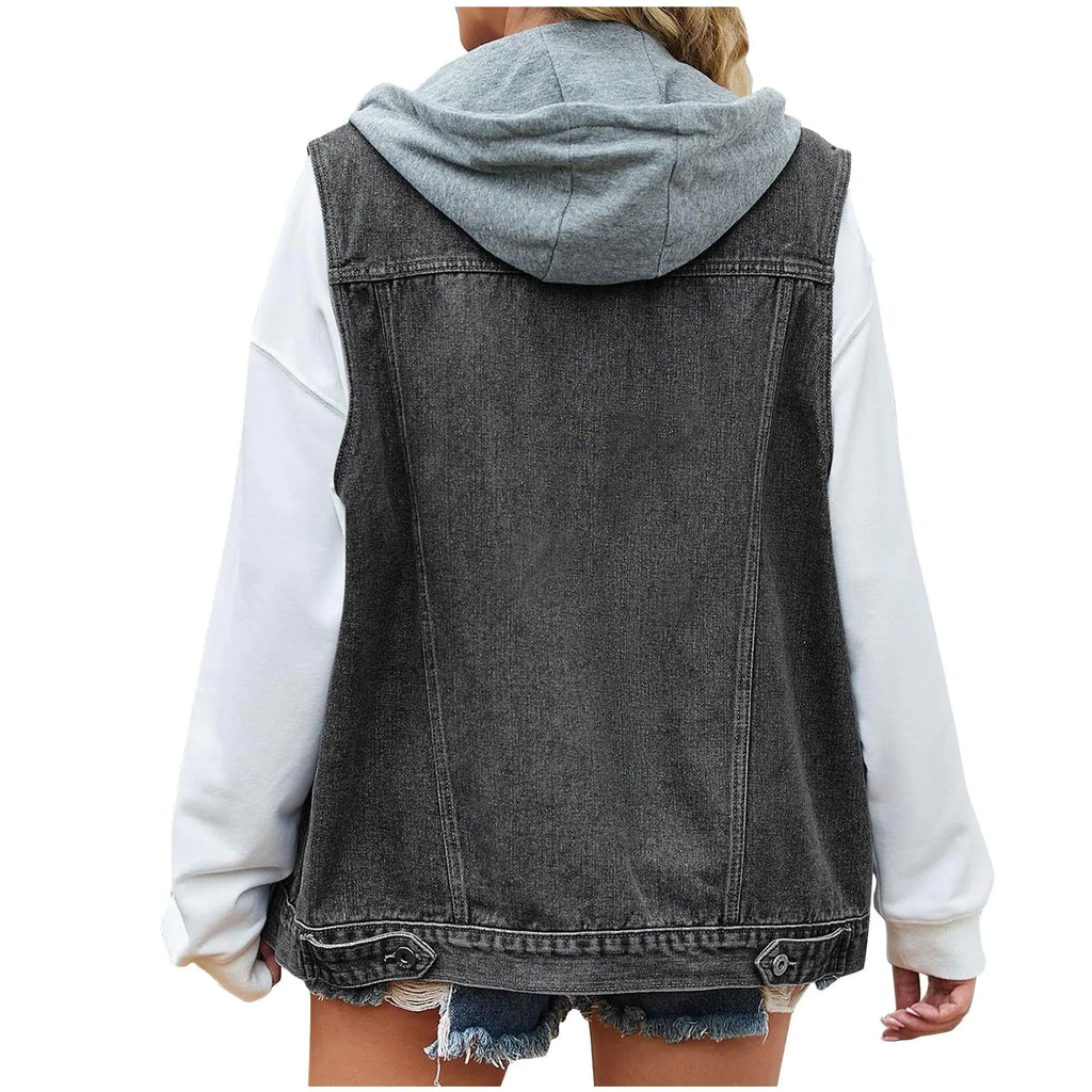 E-843  Turtle Neck Denim Outfits Casual Jacket Hood Coats  Long Rolled Sleeve Loose Fit Western with Hood Plain Winter Fall Outfits 2024  XL