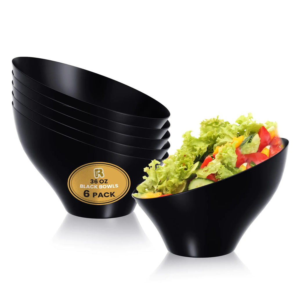 R-kay 6 Pack Angled Black Plastic Serving Bowls - Black Plastic bowls 36 Oz - Black Salad Bowls Large Serving - Premium Black Disposable bowls Heavy Duty For Weddings Catering And Birthday parties
