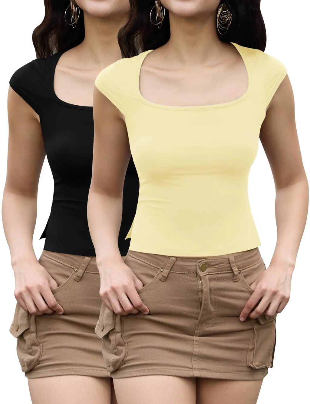 AKEWEI Tight Workout Tops for Women Summer Short Sleeve Cute Shirts Trendy Basic Slim Fitted Y2K Clothing(Black and ApricotL)