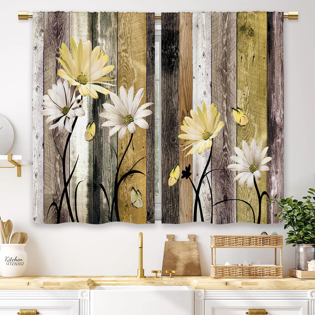 Laifzere Yellow Farmhouse Daisy Kitchen Curtains Wooden Flower Small Short Cafe Window Curtains Rustic Floral Butterfly Country Barn Bathroom Drapes Treatment Tier Curtains 2 Panels (27.5x39 Inch)