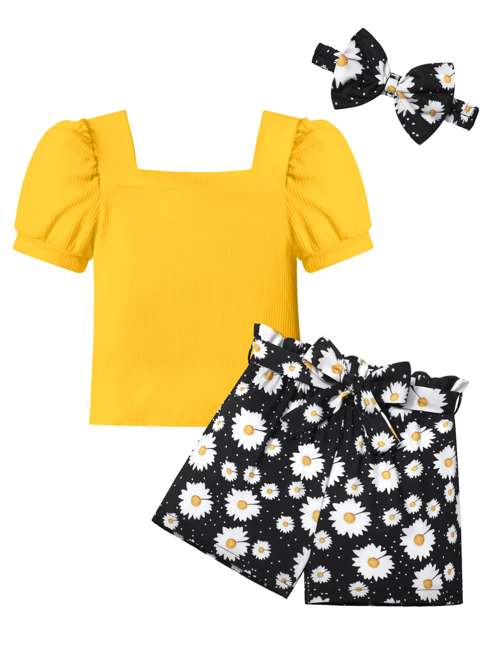 BAVADER Girls Clothes Size 7 Square Neck Size 8 Short Sleeve Yellow Tops Daisy Short Sets Kids Size 7-8 Girls Summer Outfits