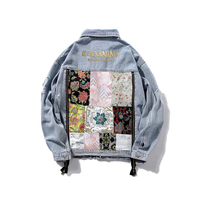 Vintage Floral Embroidery Ripped Denim Jacket for Women