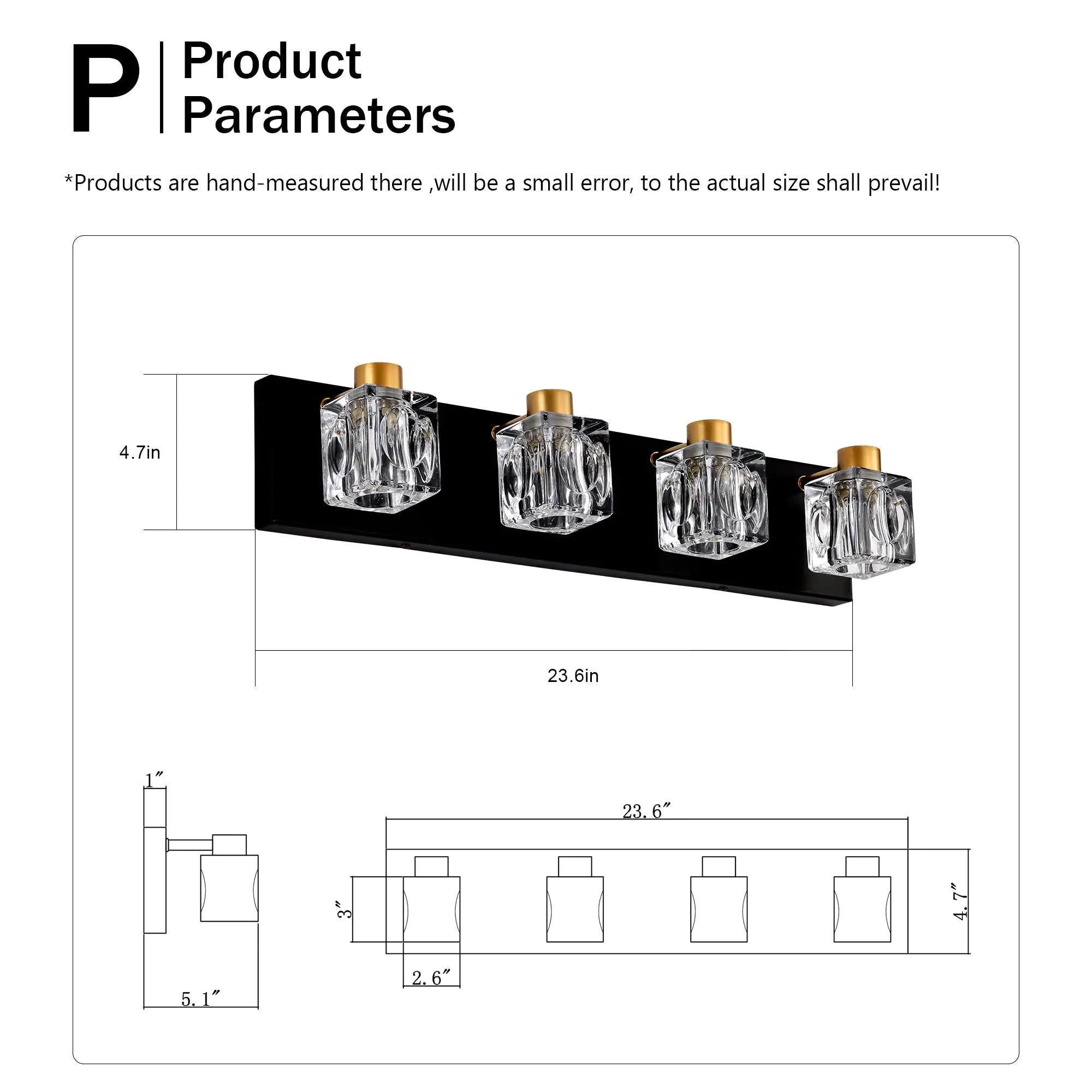 4-Light Matte Black Gold Bathroom Light Fixtures, Modern Vanity With Crystal Glass Shade, Vintage Bathroom Mirror Wall For Dinning Bedroom Hallway
