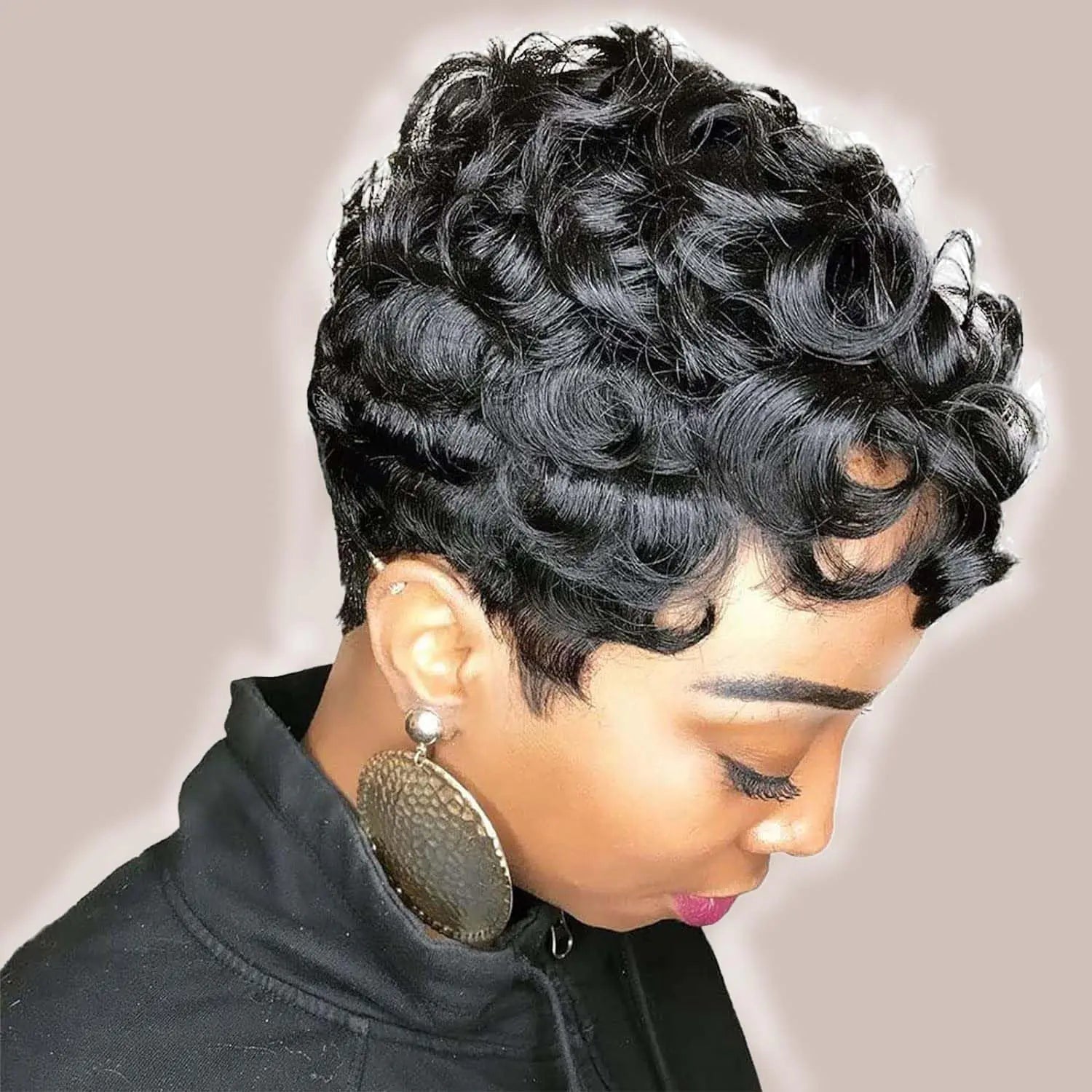 Short Pixie Cut Wigs Human Hair Short Human Hair Wigs For Black Women Glueless Wigs Pre Plucked Short Curly wigs With Bangs For Daily Use Natural Black 1B Color