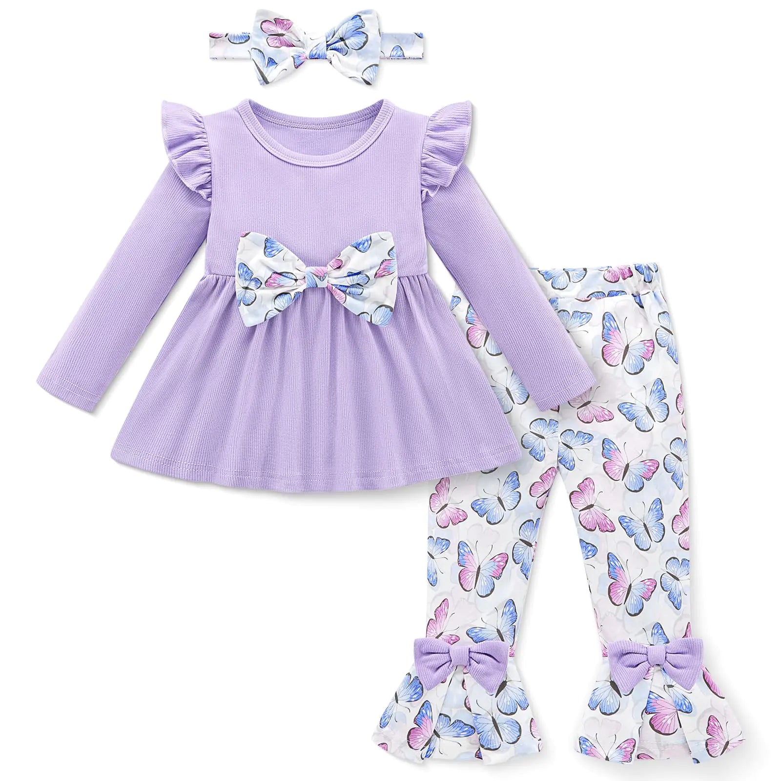 Weixinbuy 18-24 Month Girl Clothes Toddler Girl Clothes Fall Winter Outfits Long Sleeve Ruffle Tops Floral Flare Pants Set 1 to 2 years old Purple