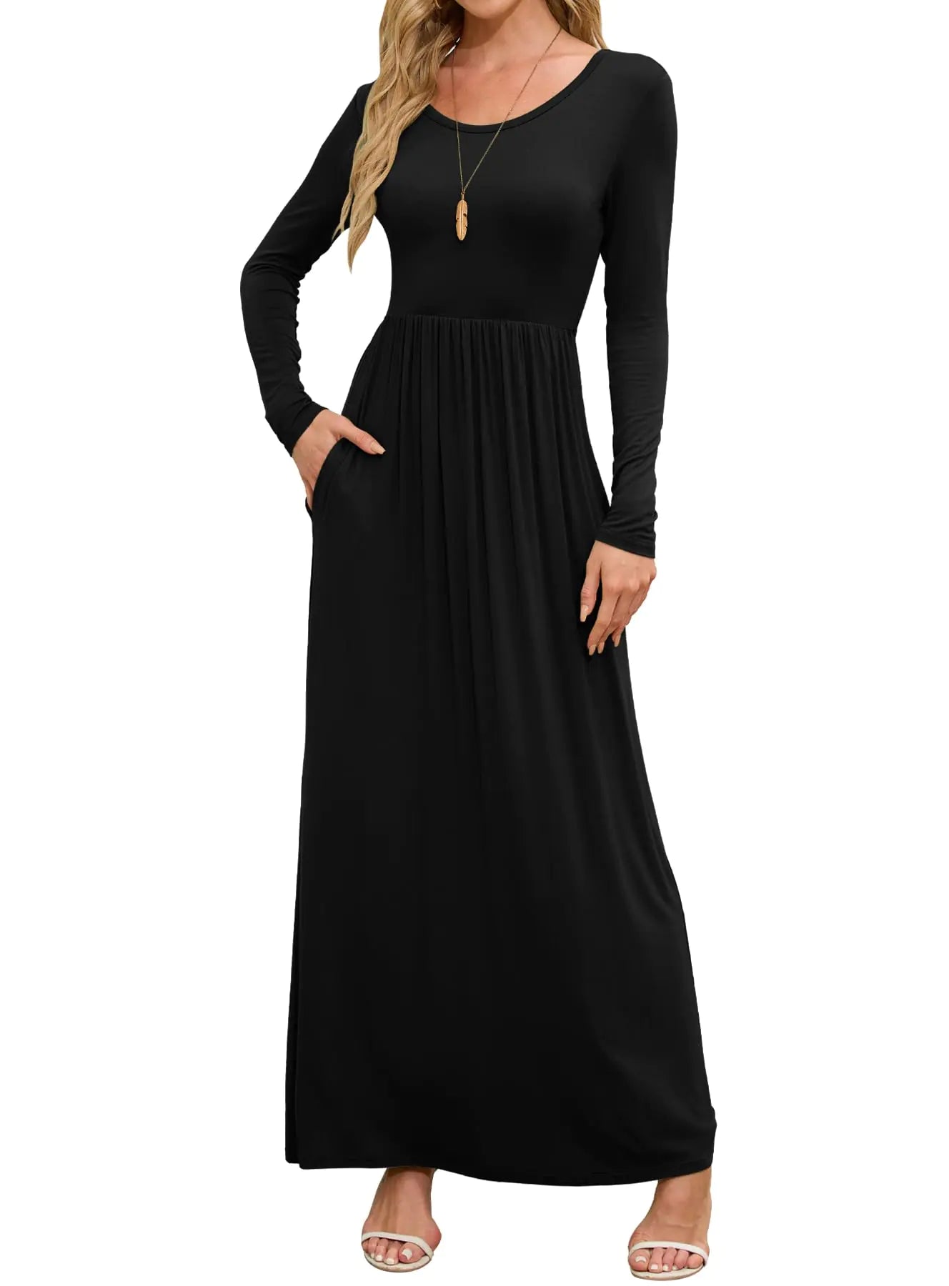 DEARCASE Women Dress Black Large Crewneck Long Sleeves Maxi Wedding Plain Casual Empire Waist Flowy Party Vintage Spring Fall Winter with Pocket