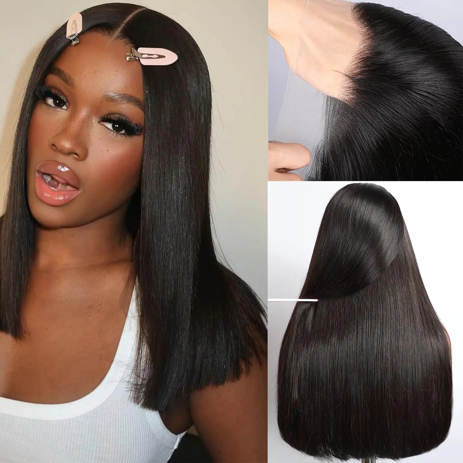BELE 13X4 Straight Lace Front Wigs Human Hair 210% Density Straight Double Drawn Wig Bleached Knots Pre Plucked Transparent Lace Wigs 14 Inch