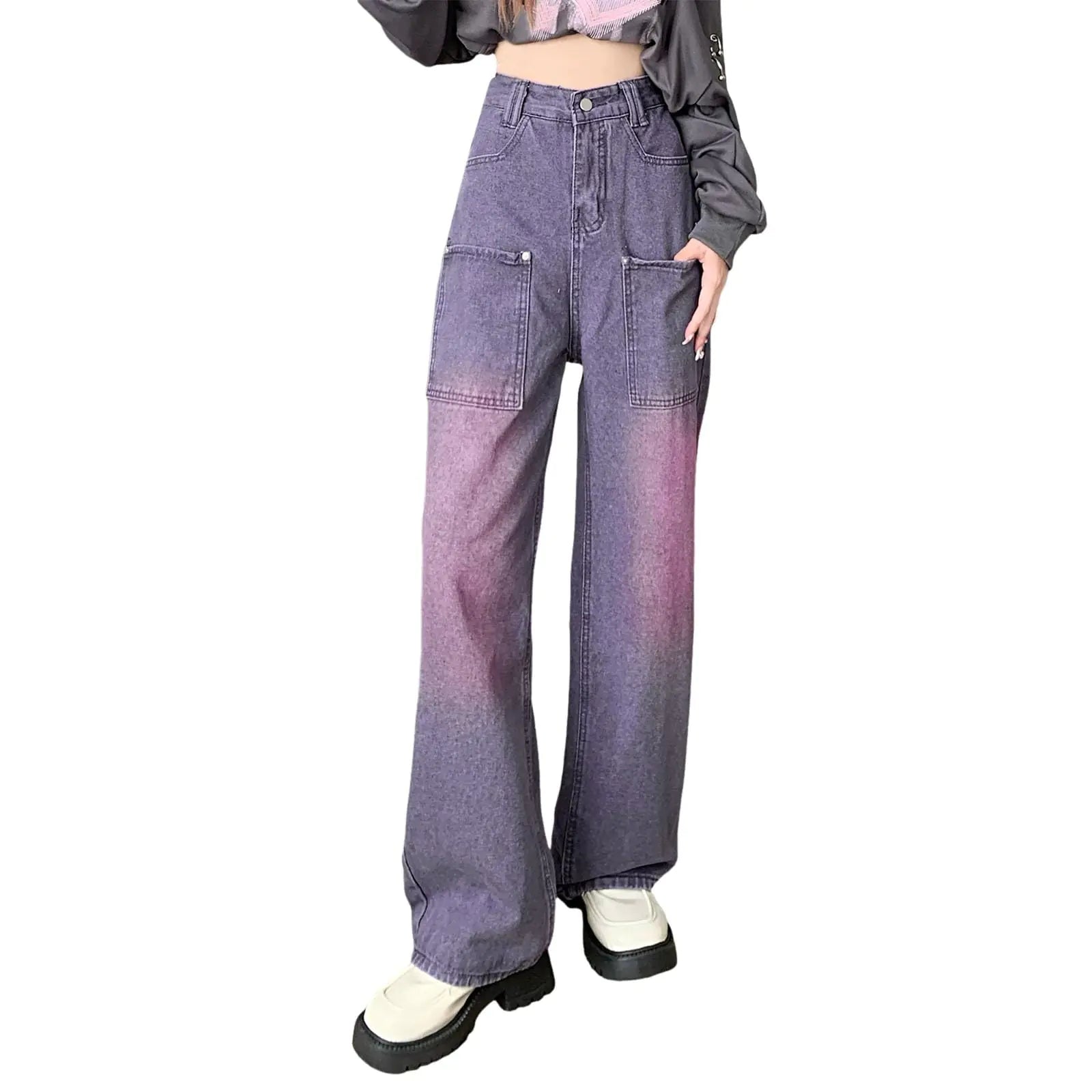 Baggy Jeans for Women Low Rise Hip Hop Pants Vintage Wide Leg Boyfriend Jeans Aesthetic Clothing Teen (08-Purple L)