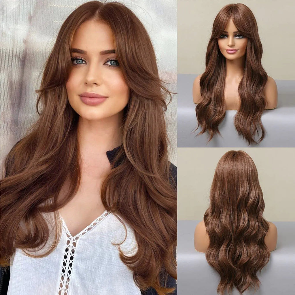 BERON Brown Wigs Long Wavy Women Wigs with Bangs Light Brown Curly Heat Resistant Synthetic Wigs for Daily Wigs Wig Cap Included