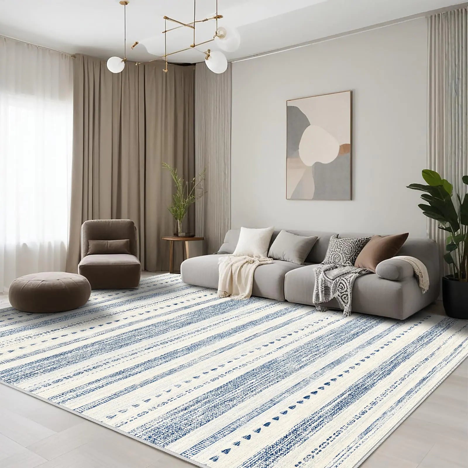 EISUROM 9x12 Large Area Rug: Soft Ultra Thin Machine Washable Living Room Non-Slip Neutral Modern Geometric Indoor Floor Carpet  Under Navy Blue