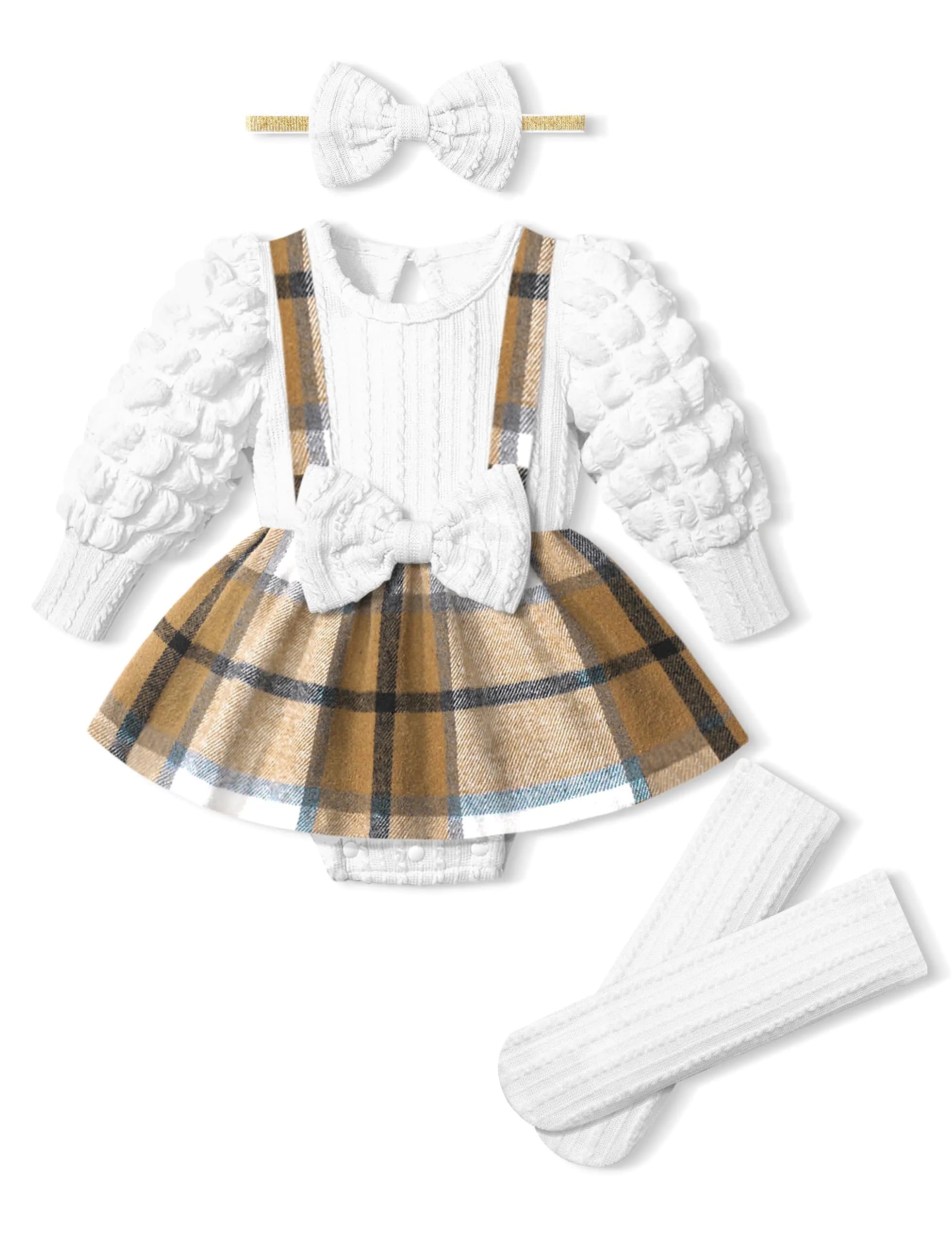 Queenstyle Baby Girl Clothes 6-9 Months Baby Girls Clothing Baby Girl Outfits Fall Winter Infant Girl Clothes Puff Sleeve Romper Bow Brown Plaid Dress Jumpsuit with Socks