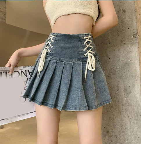 High Waist Pleated Denim Skirt for Women