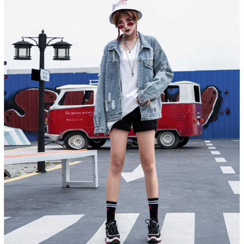 Vintage Floral Embroidery Ripped Denim Jacket for Women