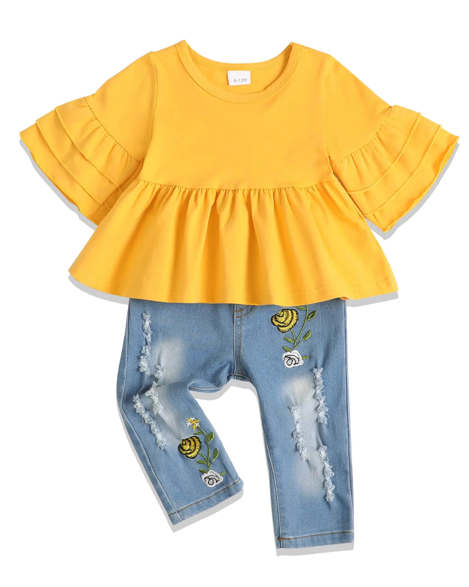 NZRVAWS 2T Girl Clothes 3T Girl Toddler Outfit Infant Summer Yellow Shirt Ripped Jean Pant Set Clothing Baby Girl