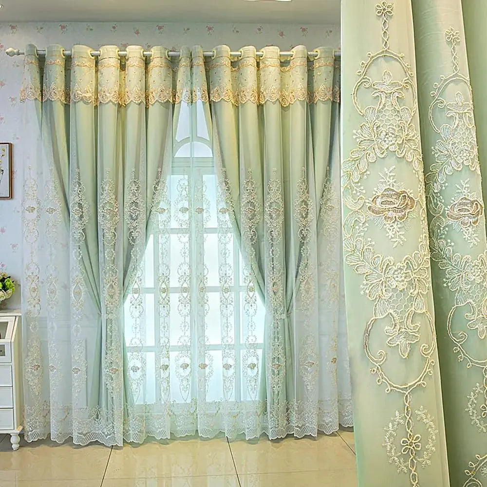 Amidoudou 1 Pair European Double Layer Curtains with Valances for Living Room Bedroom 3D Flower Embroidered Curtains (Green54x90 Inch)