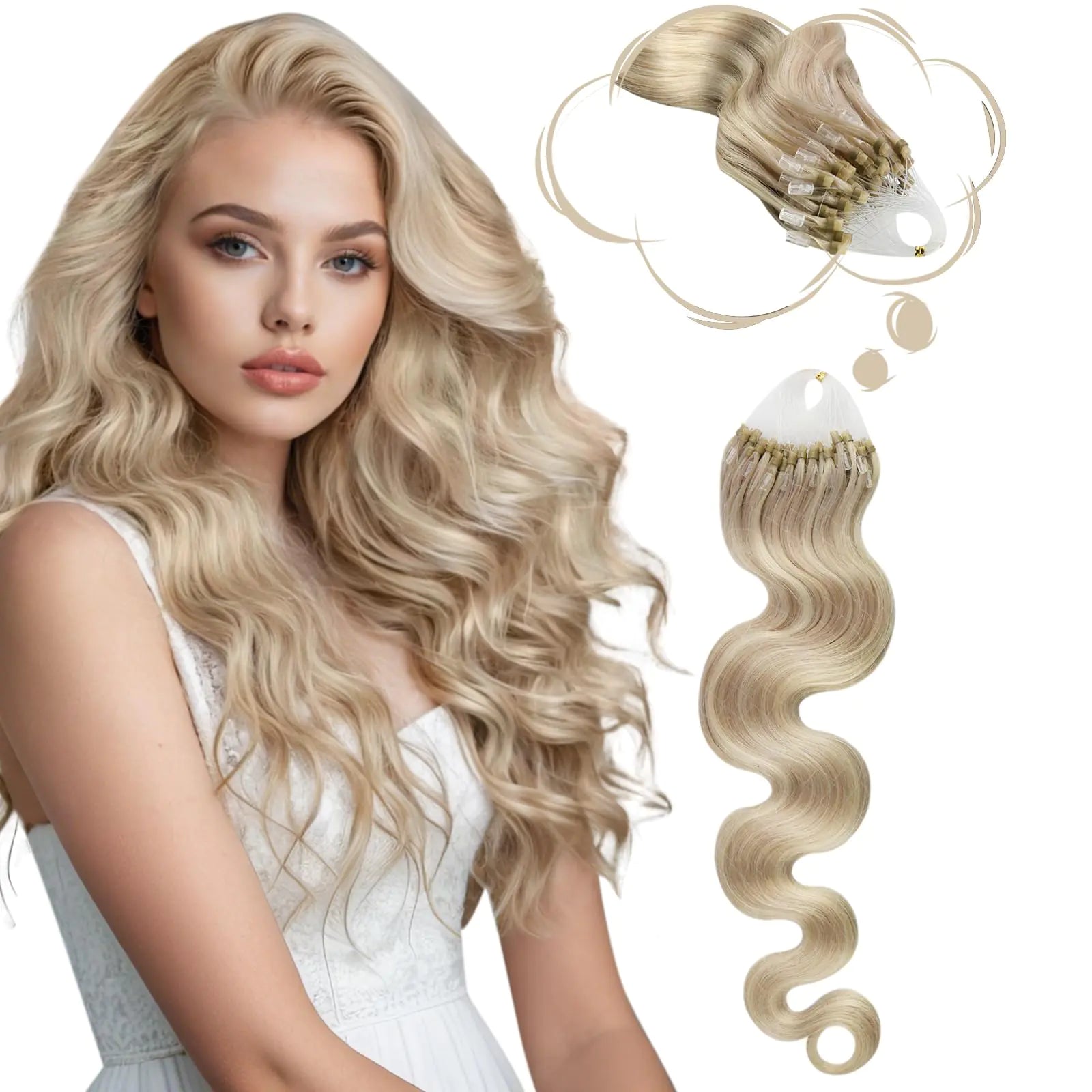 Moresoo Micro Loop Hair Extensions Real Human Hair Ash Blonde with Blonde Micro Loop Hair Extensions Human Hair Wavy Microlink Hair Extensions Human Hair 22inch 50g 50S