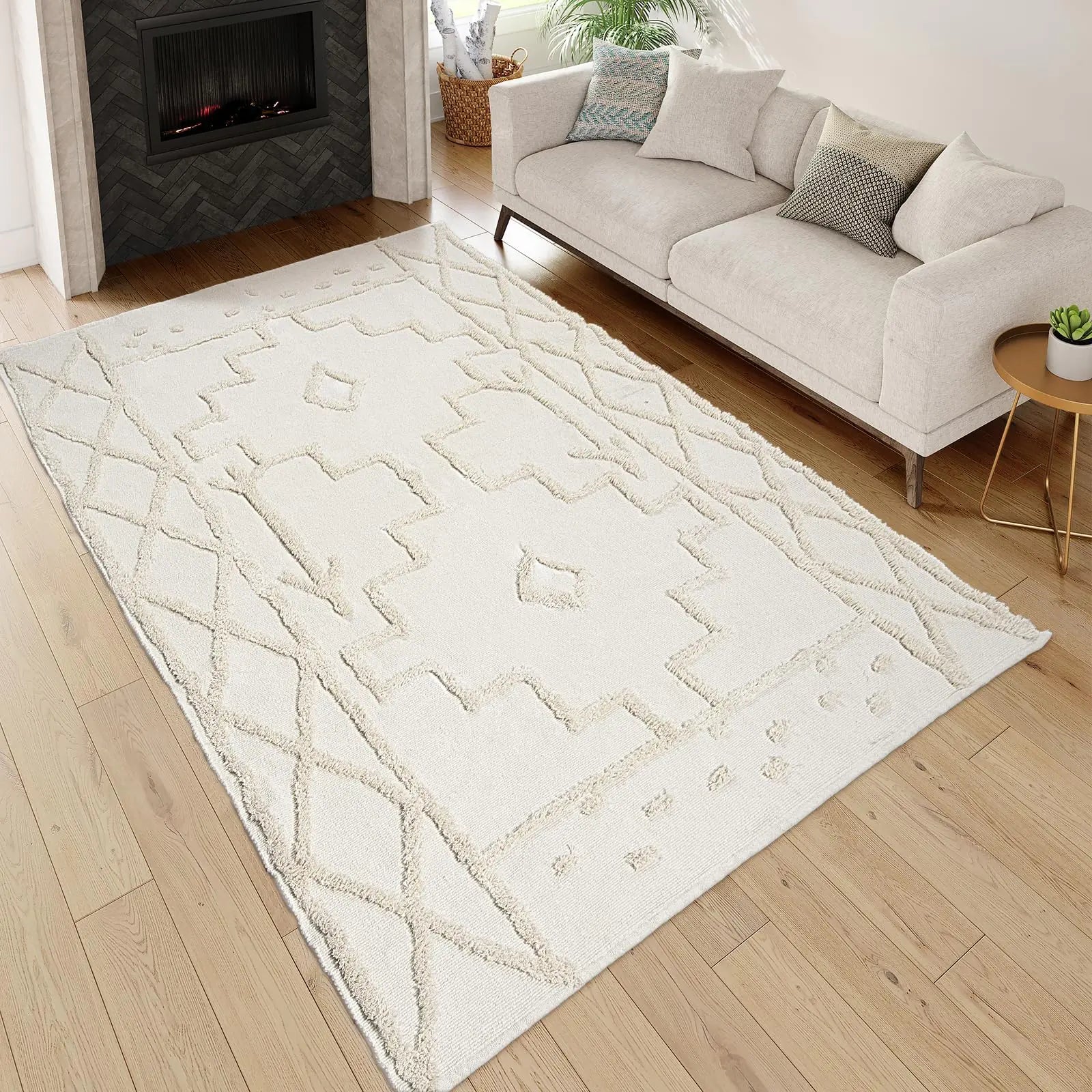 Uphome Boho Washable 5x8 Rug for Living Room Geometric Moroccan Area Rug with Tassels Beige Woven Rugs for Bedroom Farmhouse Cotton Tufted Indoor Carpets for Patio Dinning Kitchen Dorm