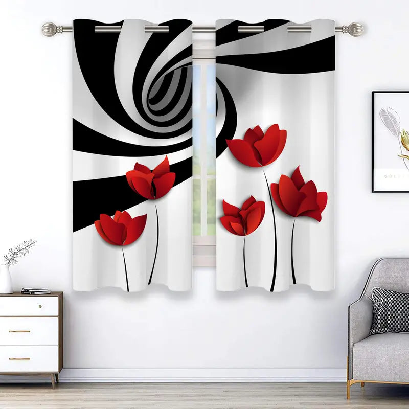 2pcs Abstract Art Curtains with Red Flower Design