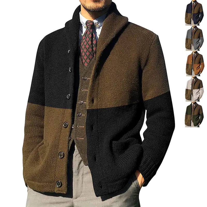 Men's Color-blocking Button Long-sleeve Knitted Jacket