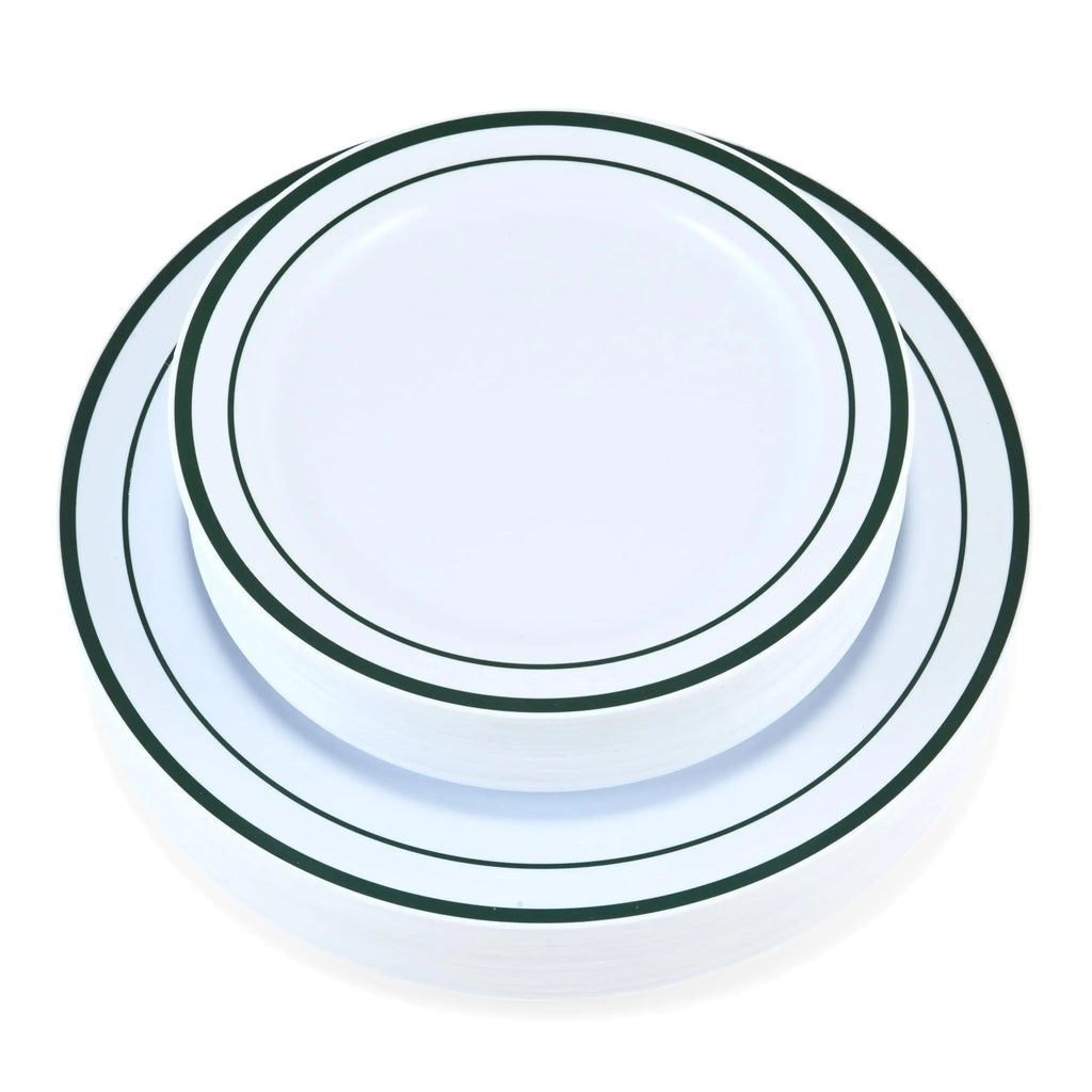 Crystal Ridge Tableware 60-Piece Plastic Plates Set Premium 30 Dinner & 30 Salad Plates Pack for Party - White Wedding with Hunter Green Rim