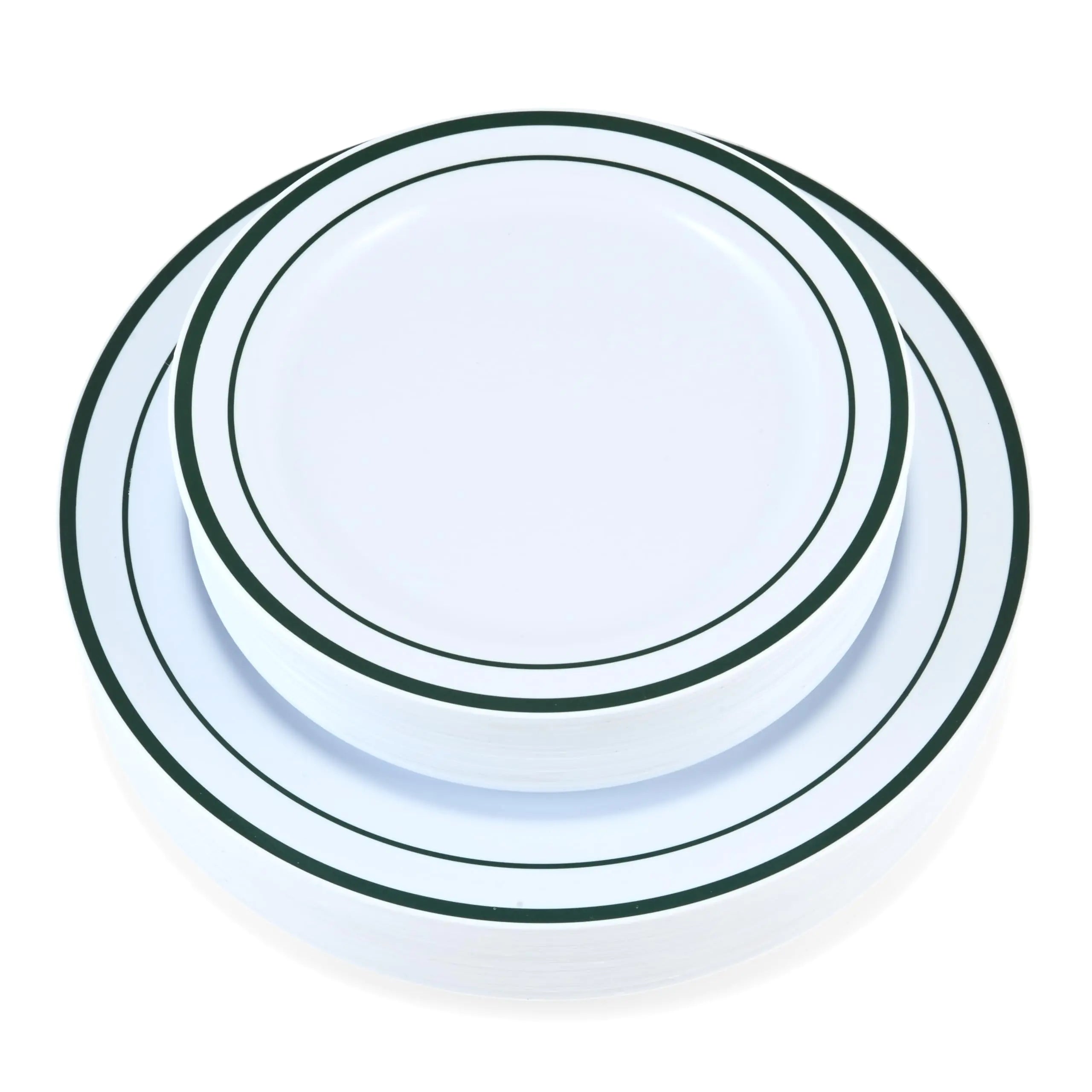 Crystal Ridge Tableware 60-Piece Plastic Plates Set Premium 30 Dinner & 30 Salad Plates Pack for Party - White Wedding with Hunter Green Rim