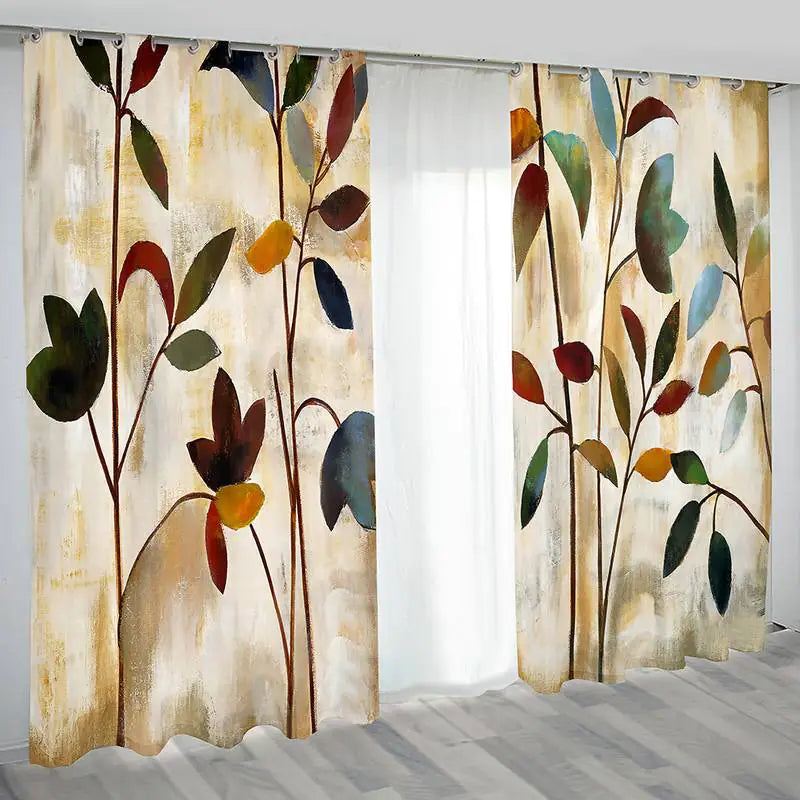 Watercolor Plant Leaves Grommet Curtains (2 Panels)