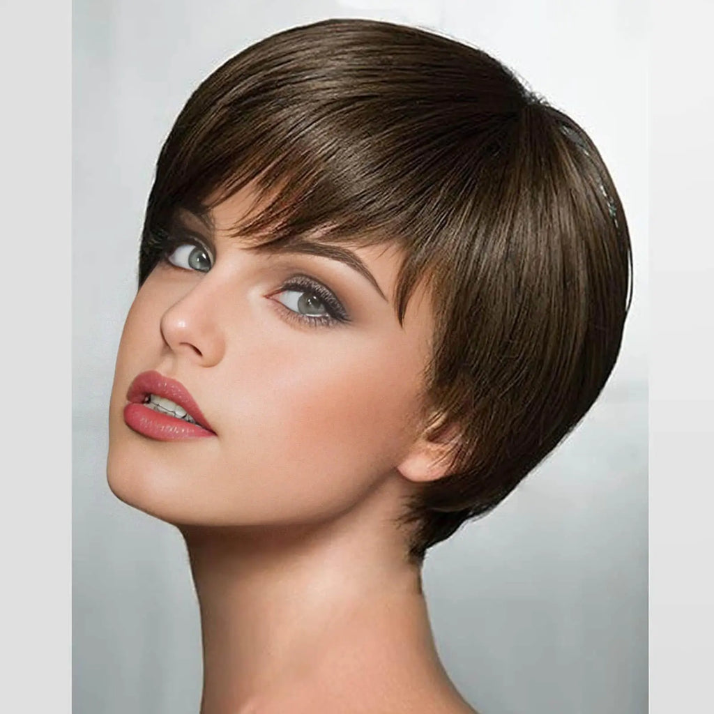 Creamily Short Brown Wigs for Women Pixie Cut Wigs Natural Layered Synthetic Short Hair Wigs for Women Party Halloween Costume Cosplay Wigs 4A