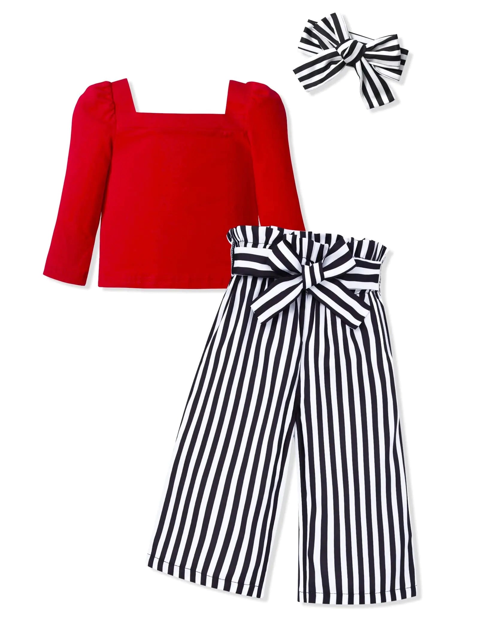 DONWEN Toddler Girl Clothes 2t 3t  Neck Puff Long Sleeve Top + Striped Pants + Headband 3Pcs Fall Winter Little Girls Clothes Set