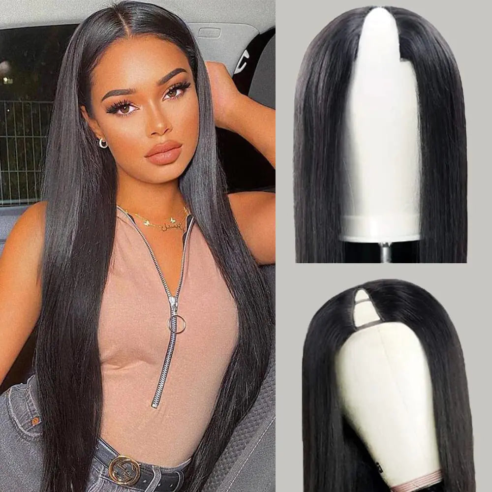 Dixtefo V Part Human Hair Wigs V Shape No Leave Out Lace Front  Brazilian Virgin Straight Wigs for Black Women 180% Density Natural Color 22Inch