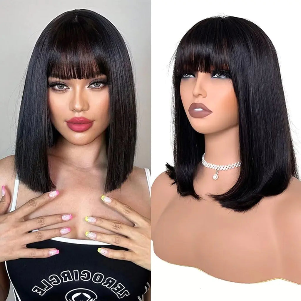 Atikual Bob Wig Human Hair 10inch Human Hair Wigs with Bangs 3x1 Bob Lace Front Wigs Human Hair Glueless Wigs for Black Women Natural Black