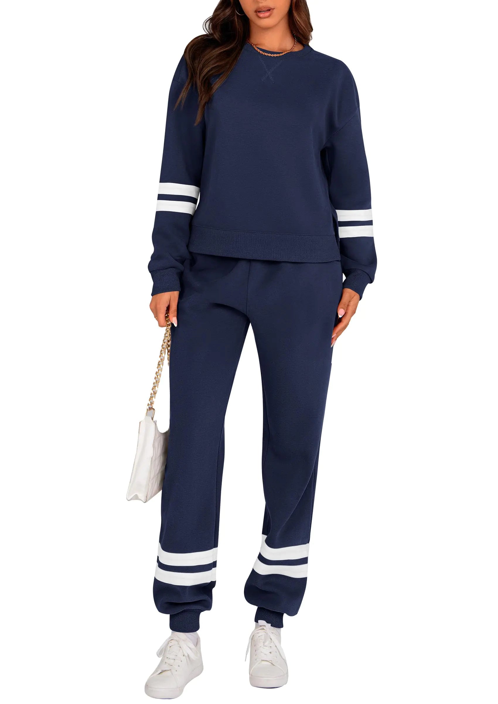 PRETTYGARDEN 2 Piece Lounge Sets for Women 2024 Fall Travel Outfits Track Suits Matching Airport Loungewear Clothing (Striped NavyLarge)