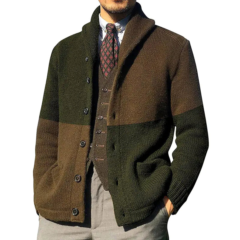 Men's Color-blocking Button Long-sleeve Knitted Jacket