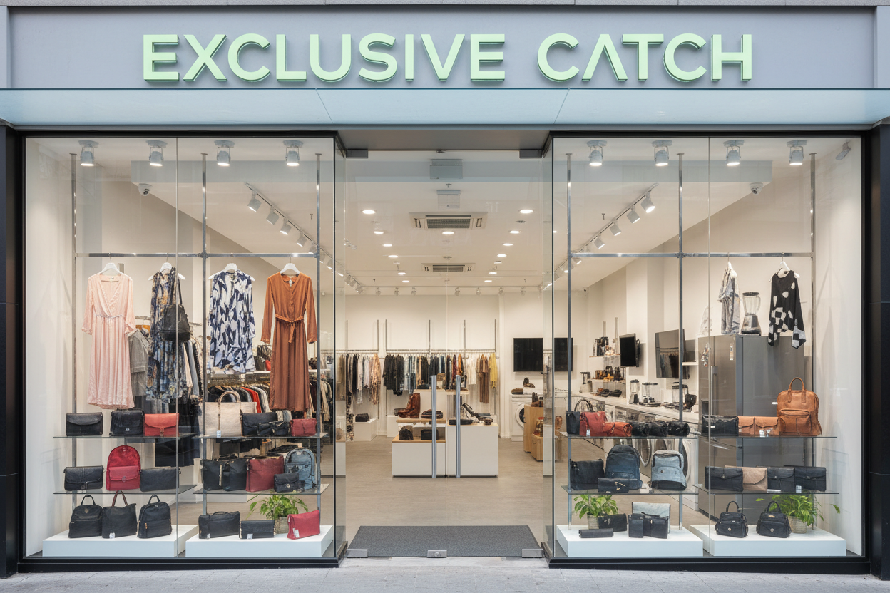 A shop front with clothings hanging on the top. bags arrayed under and inside the shop visible from the glass showing a section of the shop with home appliances and electronics, with the shop name Exclusivecatch seen infront of the shop in light green colour